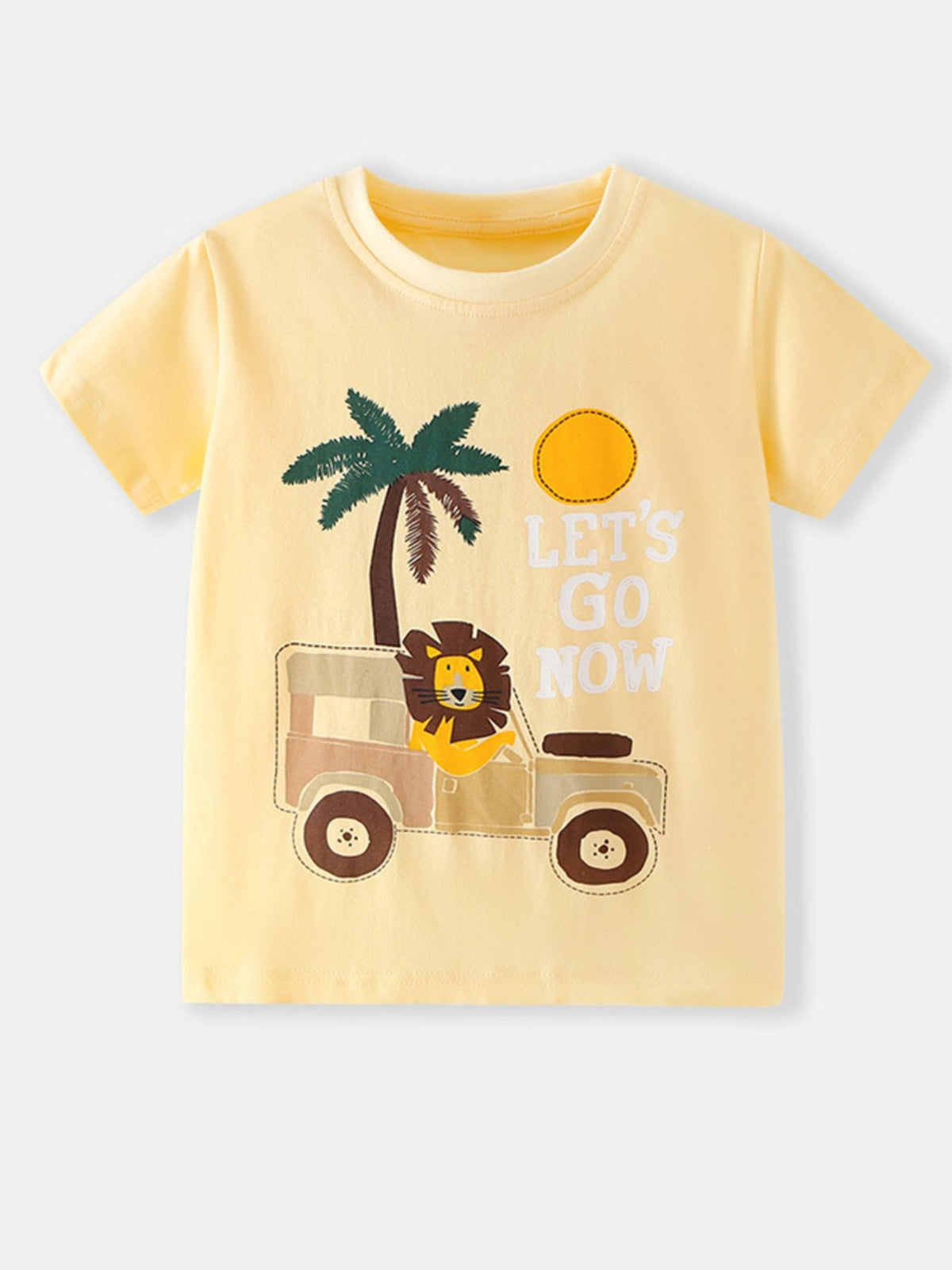 Yellow cotton t-shirt with lion in jeep graphic and Let's Go Now text.