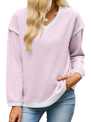 Apricot v-neck sweater with dropped shoulder and long sleeve