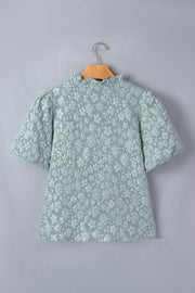 Embroidered floral puff sleeve shirt with ruffled neckline in light green polyester