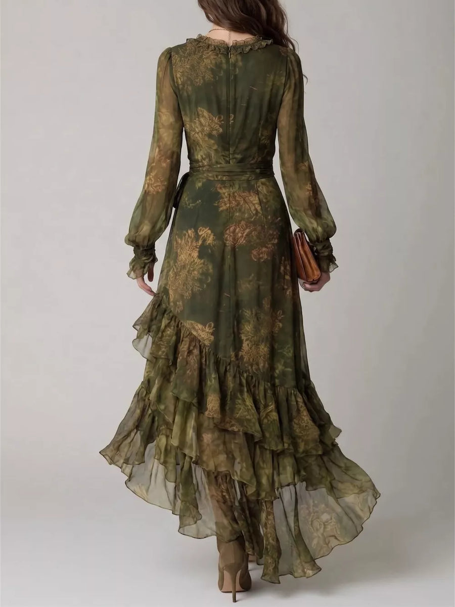 bronze wrap dress featuring tied and floral