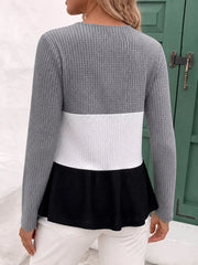 white cardigan featuring waffle-knit and color-block