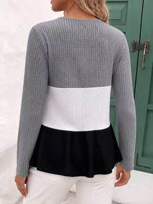 white cardigan featuring waffle-knit and color-block