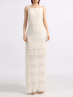 White ruched halter maxi dress with ruffled hem