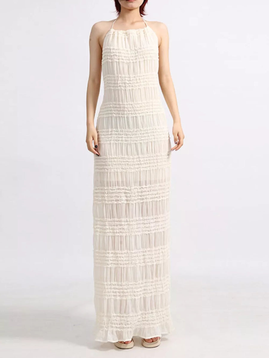 White ruched halter maxi dress with ruffled hem