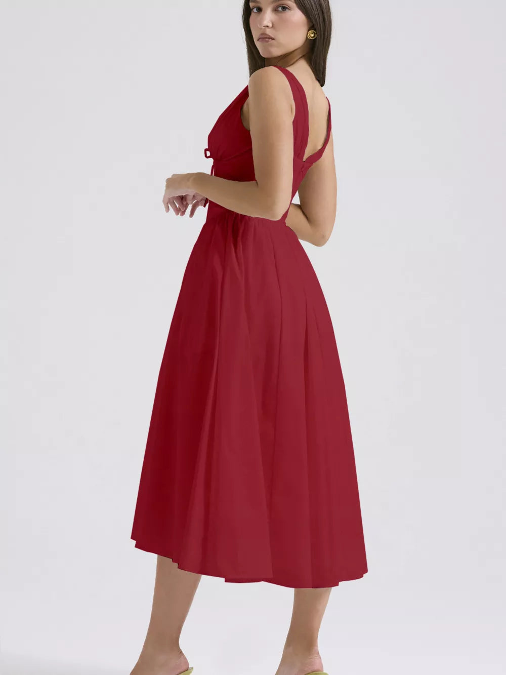 Deep Red V-neck midi dress with a-line skirt and tie detail.