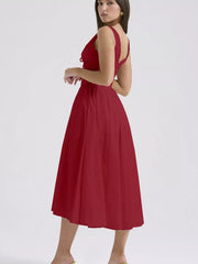 Deep Red V-neck midi dress with a-line skirt and tie detail.