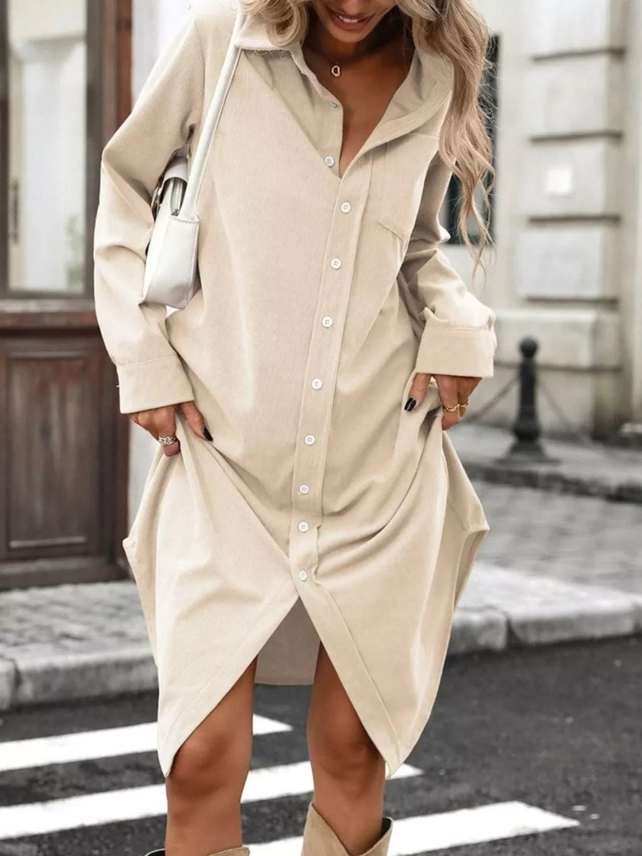 100% polyester Care instructions: Machine wash cold shirt dress in Cream with straight silhouette