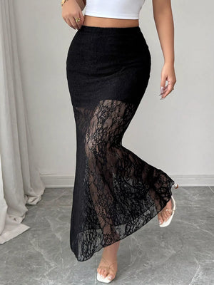Black lace maxi skirt with sheer lace panel and lace trim detail.