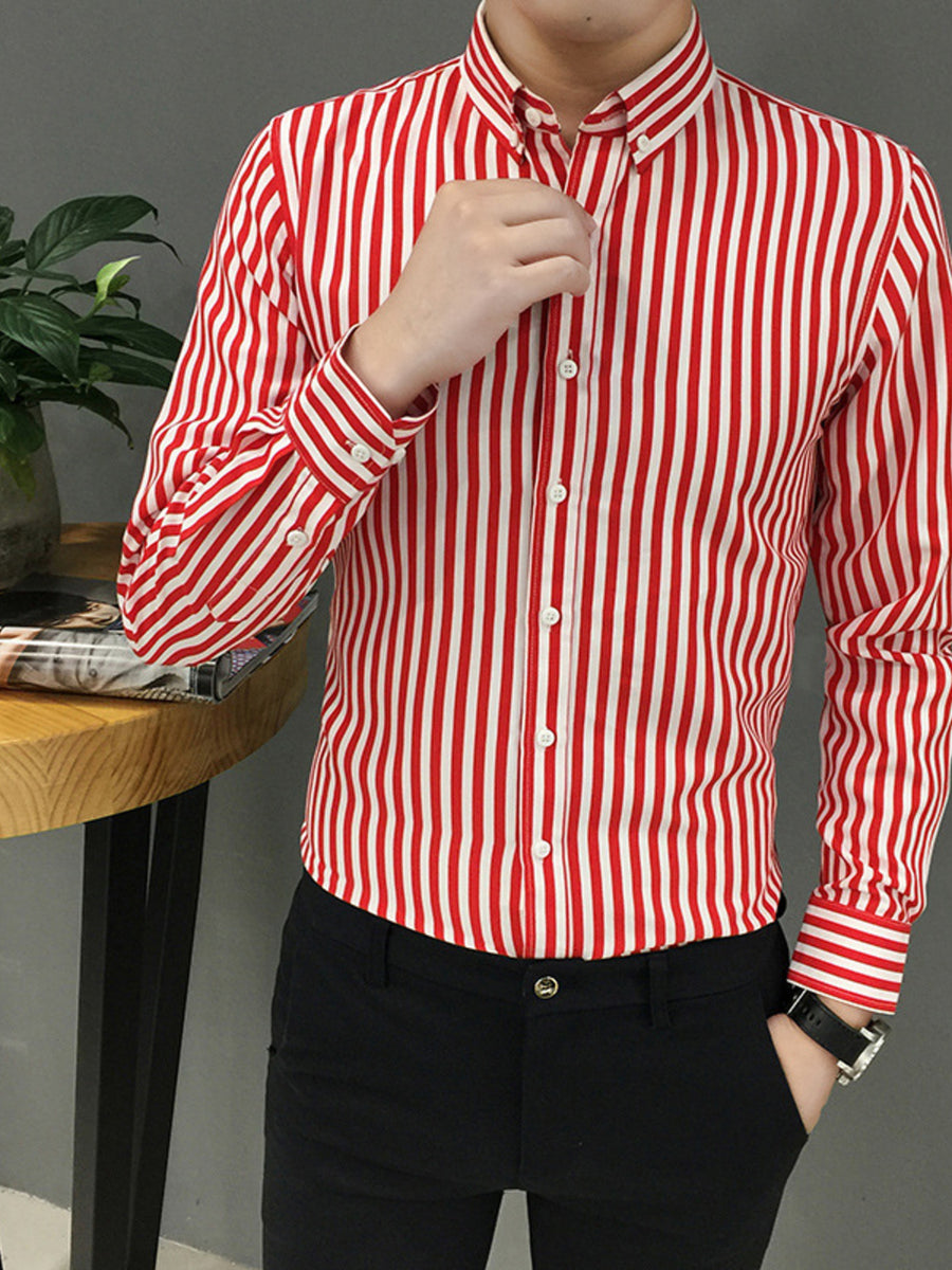 Men's red and white striped button-up shirt, cotton, casual long sleeve.