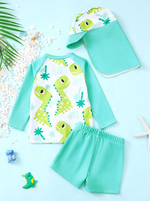 Children's turquoise dinosaur print swimwear set with long sleeves, shorts, and sun hat.