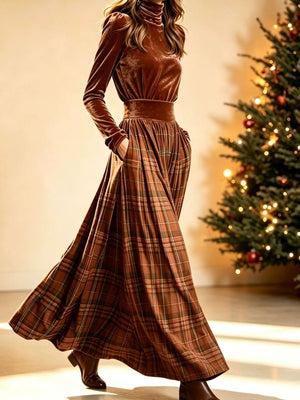 two-piece set in dusty rose with plaid and pocketed