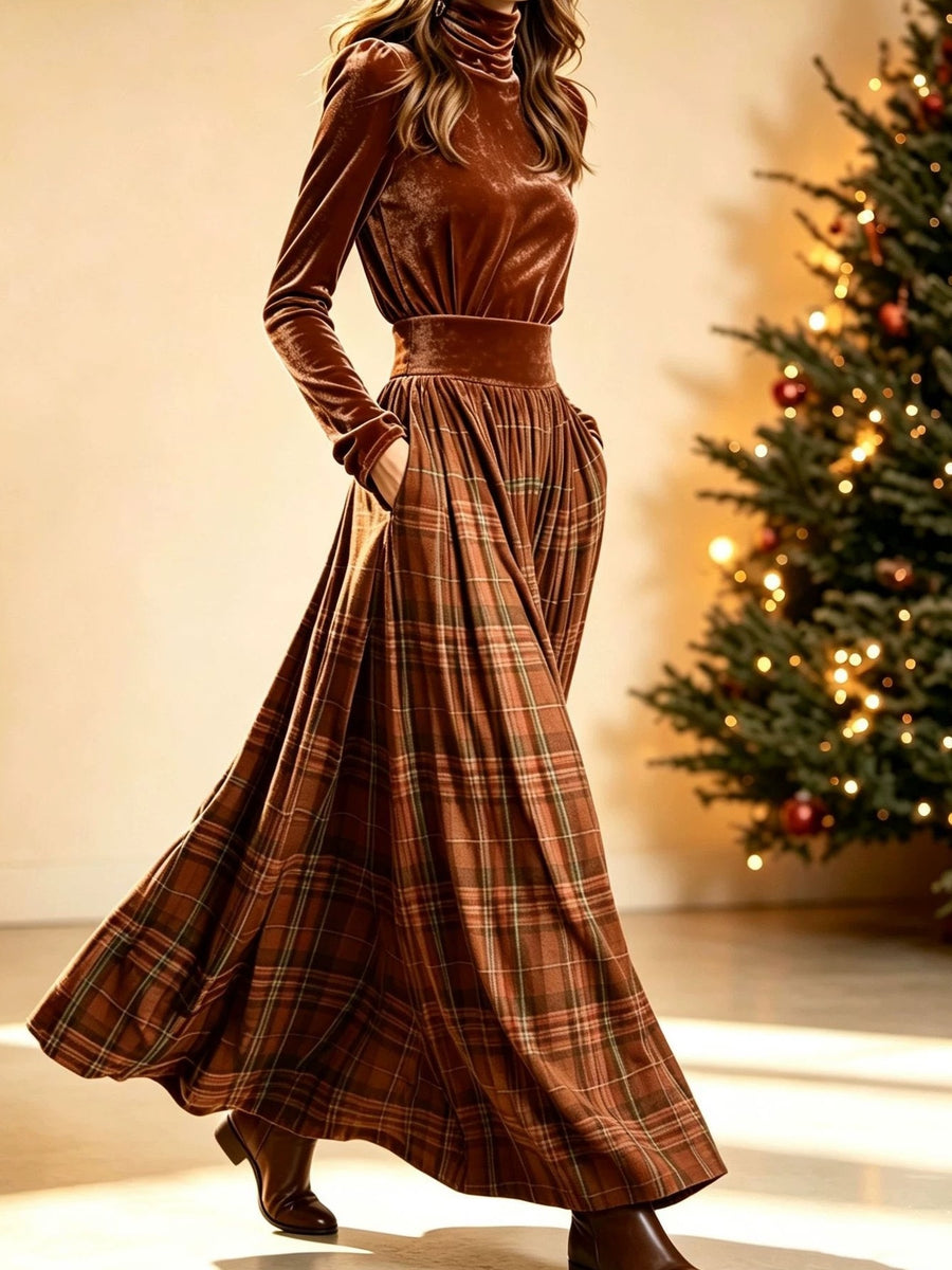 two-piece set in dusty rose with plaid and pocketed