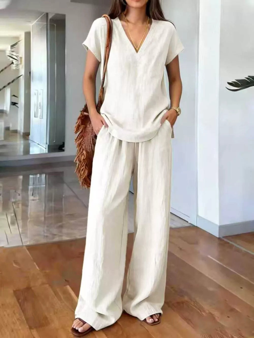 Light Brown Full Size V-neck Short Sleeve Top And Pants Set