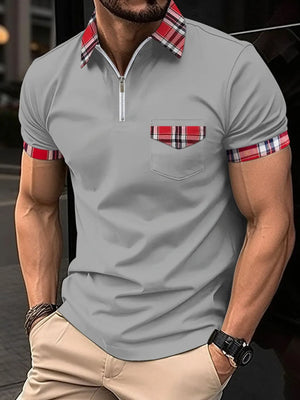Gray zip polo shirt with plaid collar, pocket trim, and sleeve cuffs.