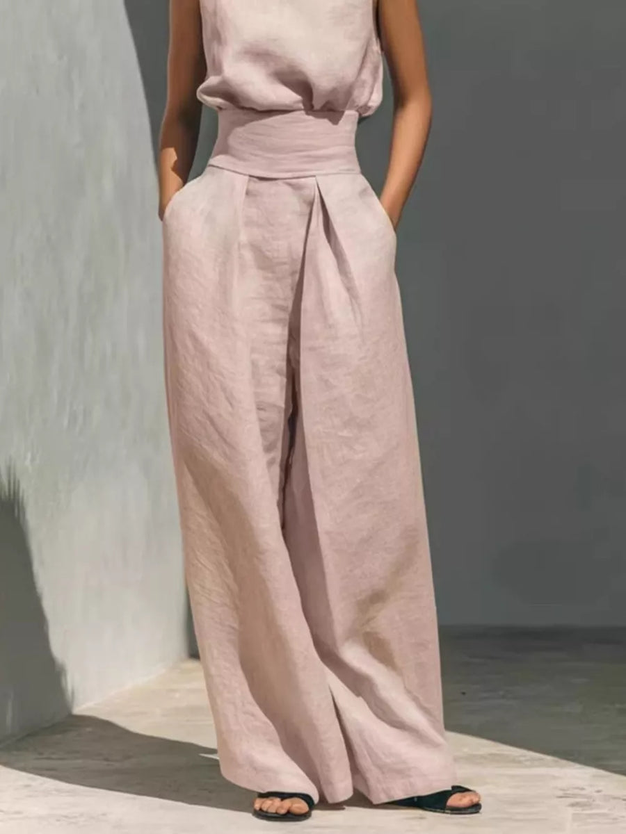Sleeveless Wide-leg Jumpsuit With Smocked Waist in Earthy Yellow