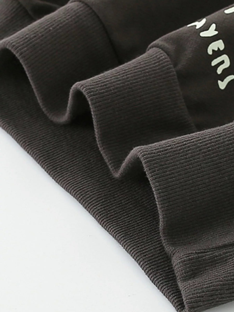 Coffee brown cotton blend sweatshirt with graphic detail and ribbed cuffs.