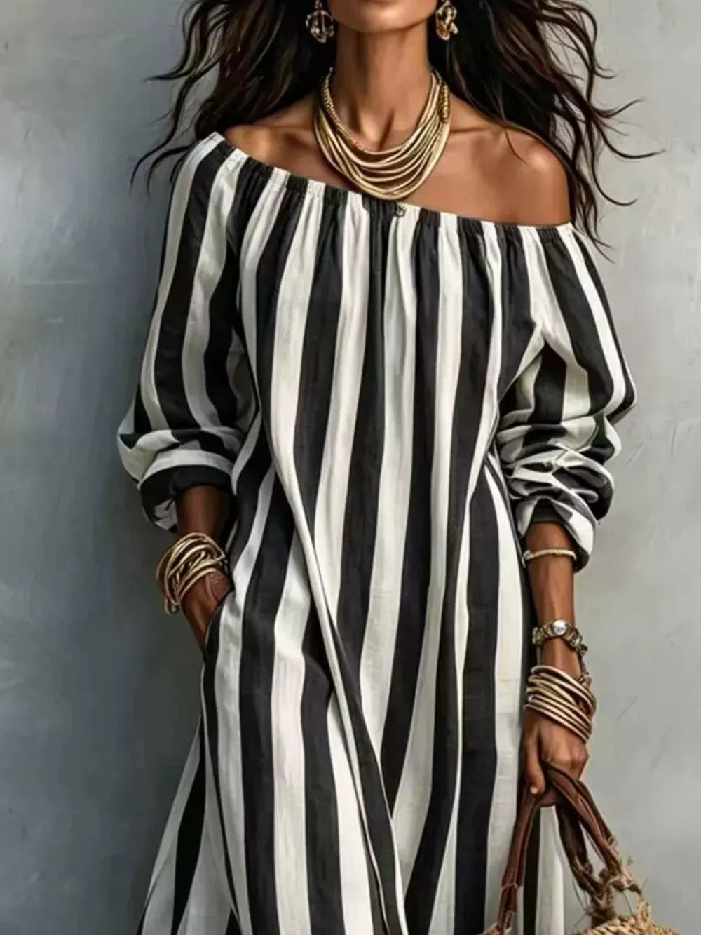 Sky Blue maxi dress with pullover and striped