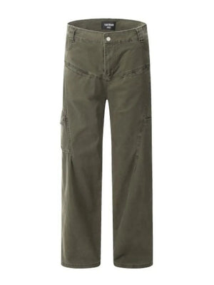 Army green utility cargo pants with wide legs and pleated details.