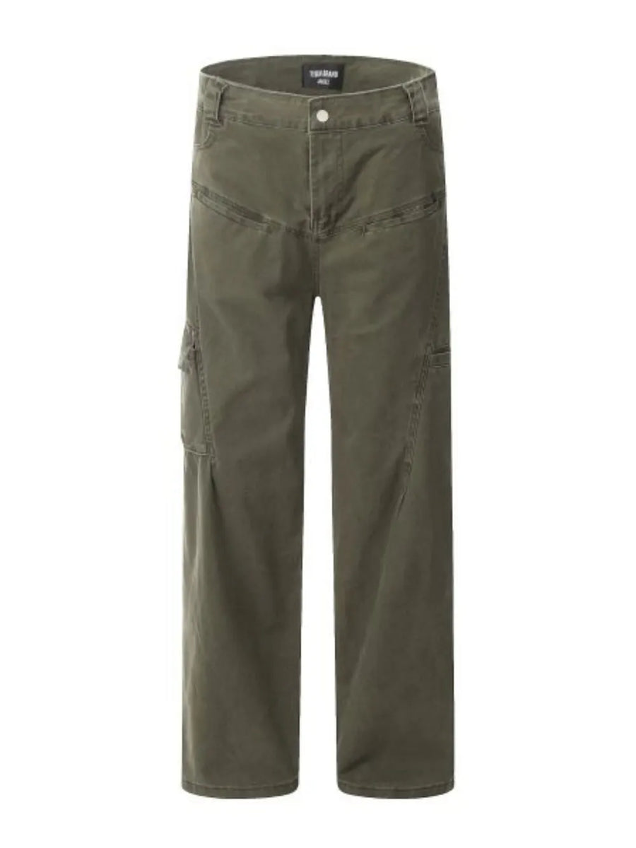 Army green utility cargo pants with wide legs and pleated details.