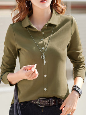 Full Size Button-Down Long Sleeve Shirt Plus Size in White with buttoned