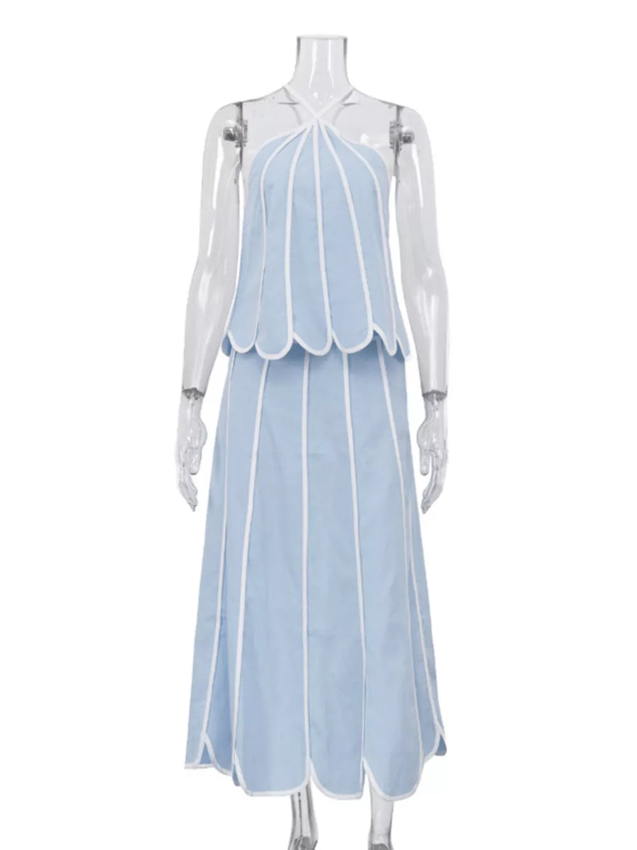 Blue halter neck midi dress with white piping and scalloped hem