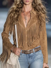 Brown suede bolero jacket with fringe detail, button front, and spread collar.