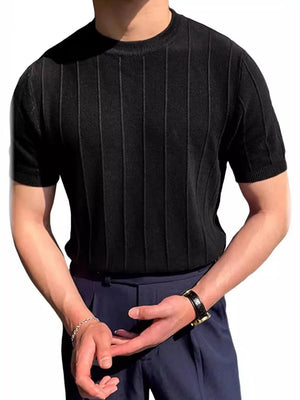 Black ribbed knit crewneck tee with short sleeves and vertical texture.