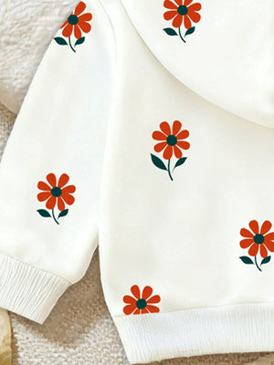 White baby hoodie with all-over orange floral print and ribbed cuffs.