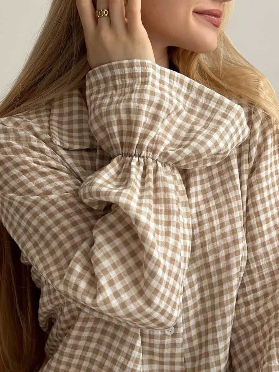 pajama set in Khaki with gingham and buttoned