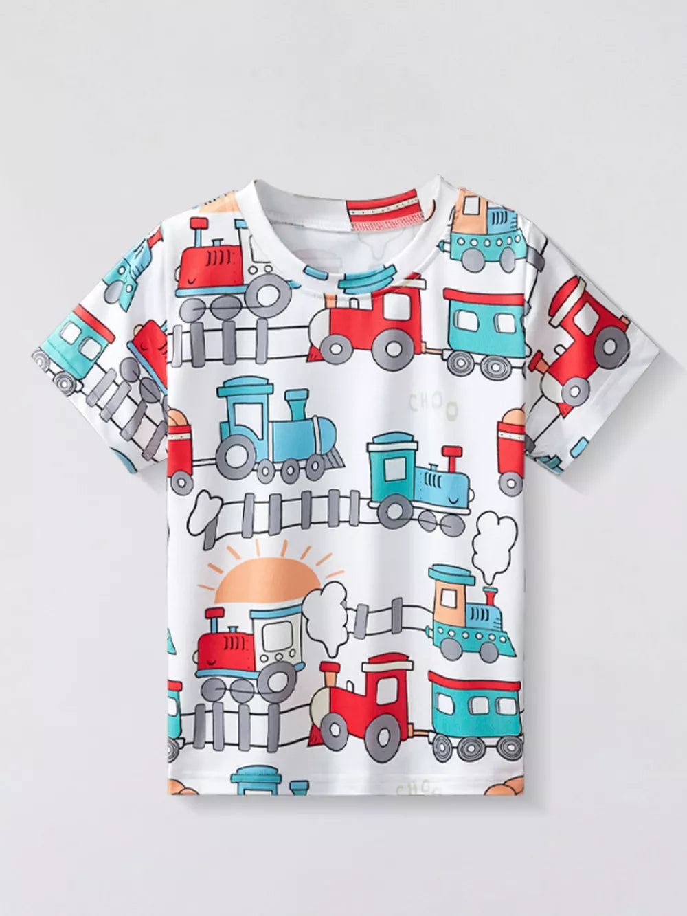 White t-shirt with a colorful train pattern, short sleeves, crew neck