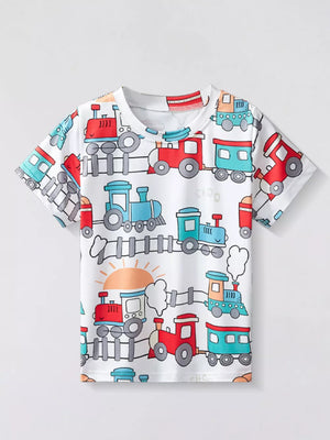White t-shirt with a colorful train pattern, short sleeves, crew neck