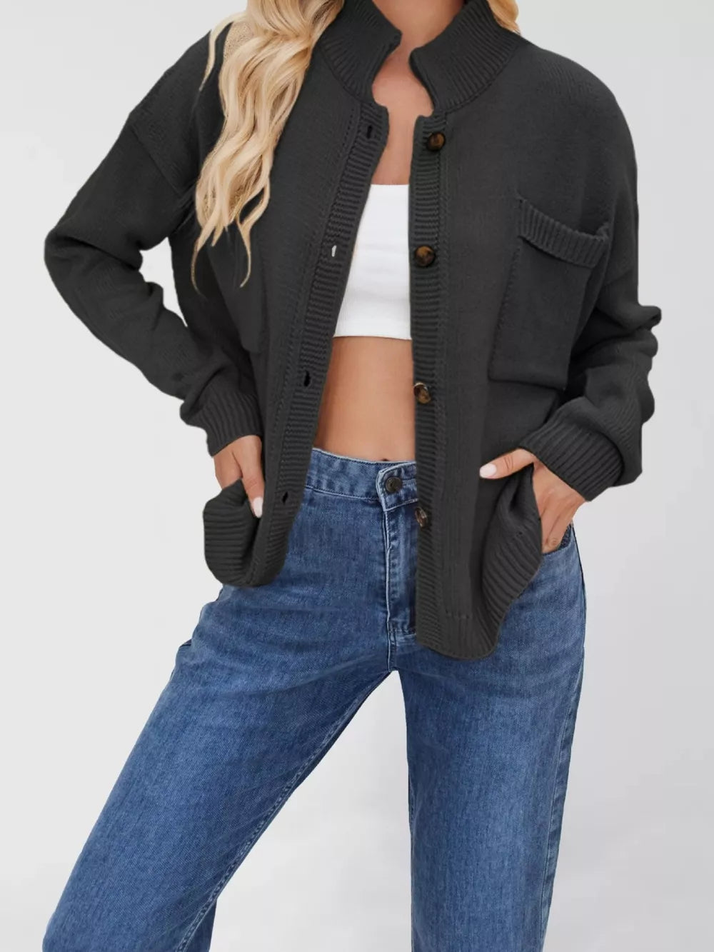 100% acrylic Care instructions: Machine wash cold cardigan in Grey with oversized silhouette