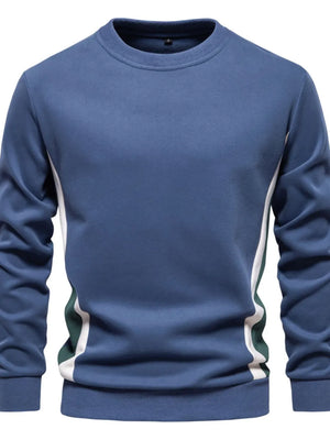 Dusty blue crew neck sweatshirt with white and green side panel details.