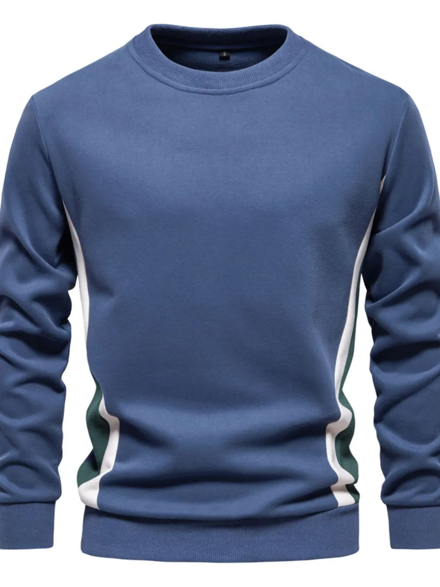 Dusty blue crew neck sweatshirt with white and green side panel details.