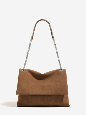 Suede Shoulder Bag With Chain Strap in camel with metallic chain strap