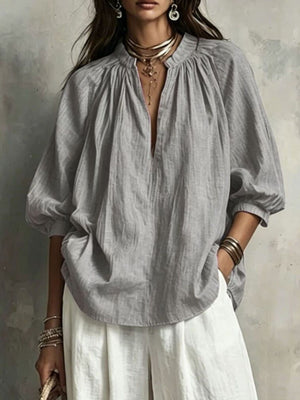 Notched Blouse And Wide-Leg Pants Set in Gray with pocketed