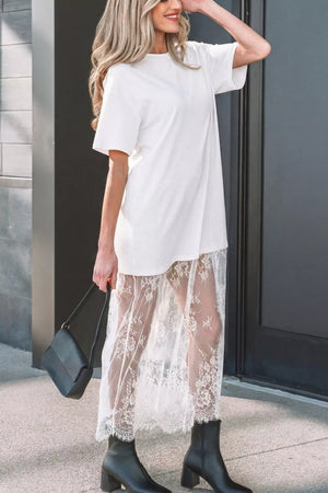 White cotton t-shirt midi dress with sheer lace overlay skirt and short sleeves.