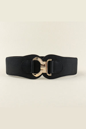 Black elasticated corset belt with gold sculpted buckle detail