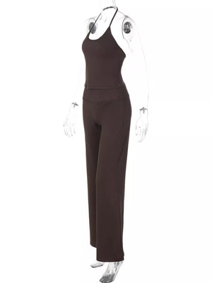 Brown halter crop top and wide-leg pants set