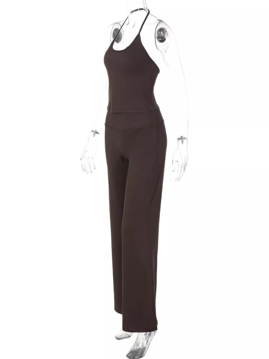 Brown halter crop top and wide-leg pants set