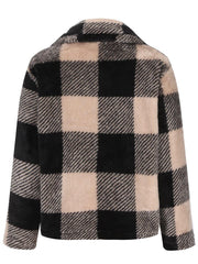 Fluffy tan and black plaid zip-up shacket with collar.