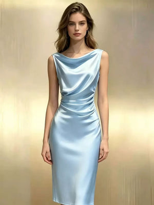 Light blue satin cowl neck dress with ruched side detail