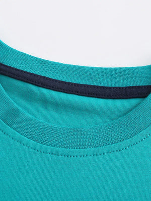 Teal cotton blend crew neck t-shirt with navy trim detail