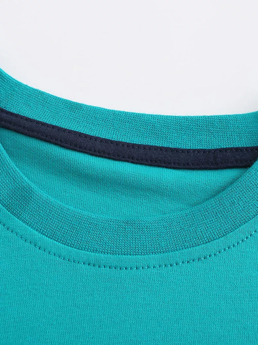Teal cotton blend crew neck t-shirt with navy trim detail