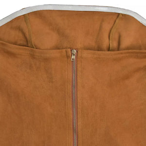 Caramel suede dress with asymmetrical fringe detail and buckle accent.