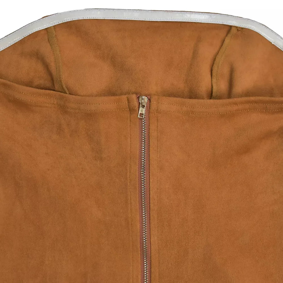 Caramel suede dress with asymmetrical fringe detail and buckle accent.