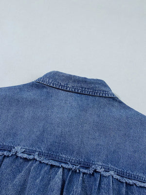 denim blue button-up shirt with button cuffs and 3/4 sleeve