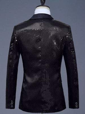 Men's black sequin one button blazer with satin lapels and three button cuffs.