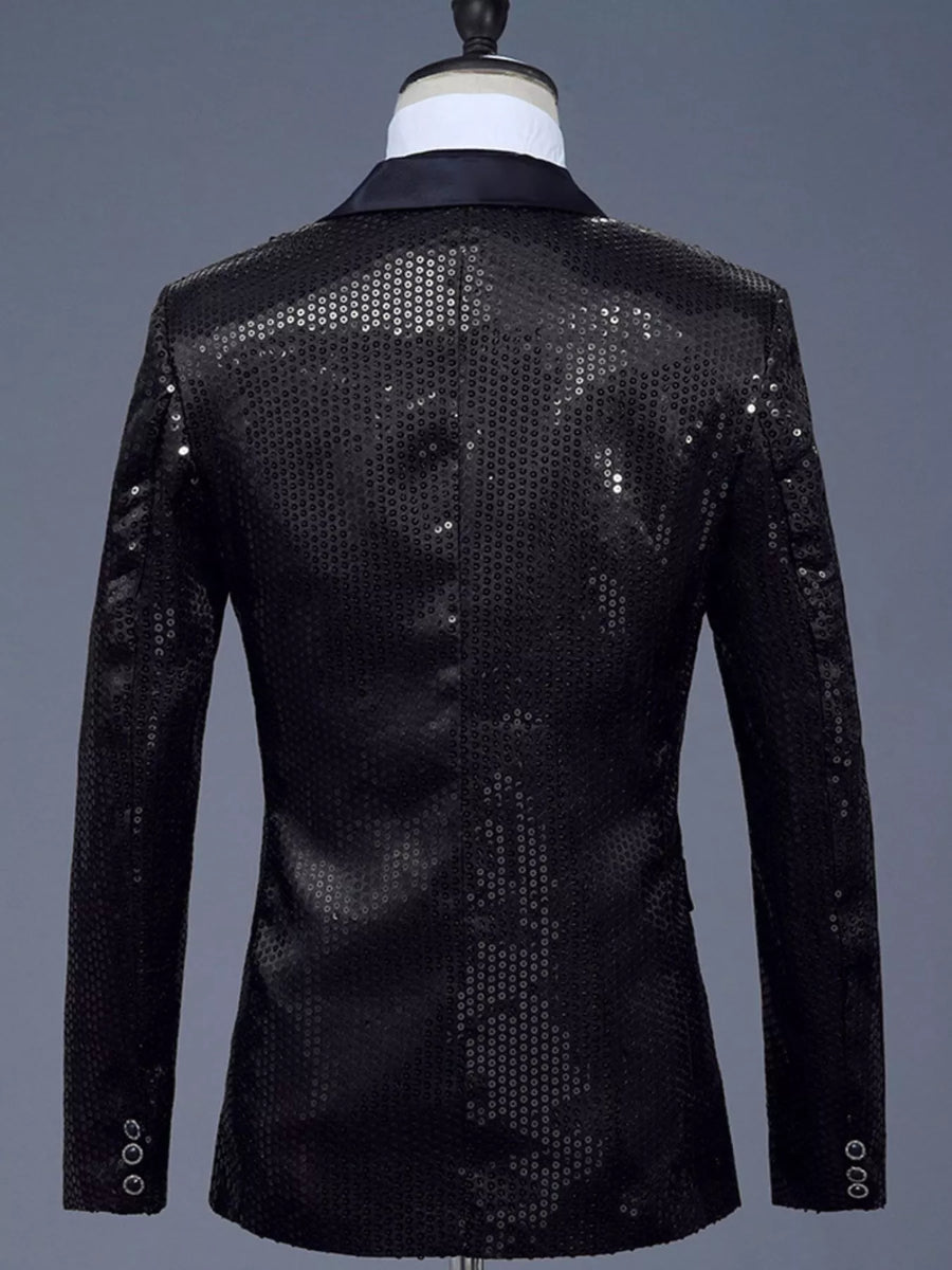 Men's black sequin one button blazer with satin lapels and three button cuffs.