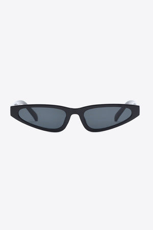 Black angular cat-eye sunglasses with dark lenses and silver temple tips